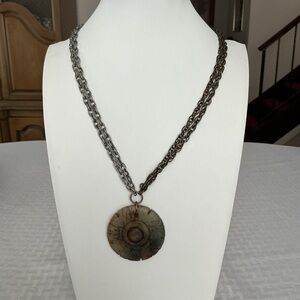 Genuine Jade Carved Disc Gun Metal and Silver Tone Pendant Necklace